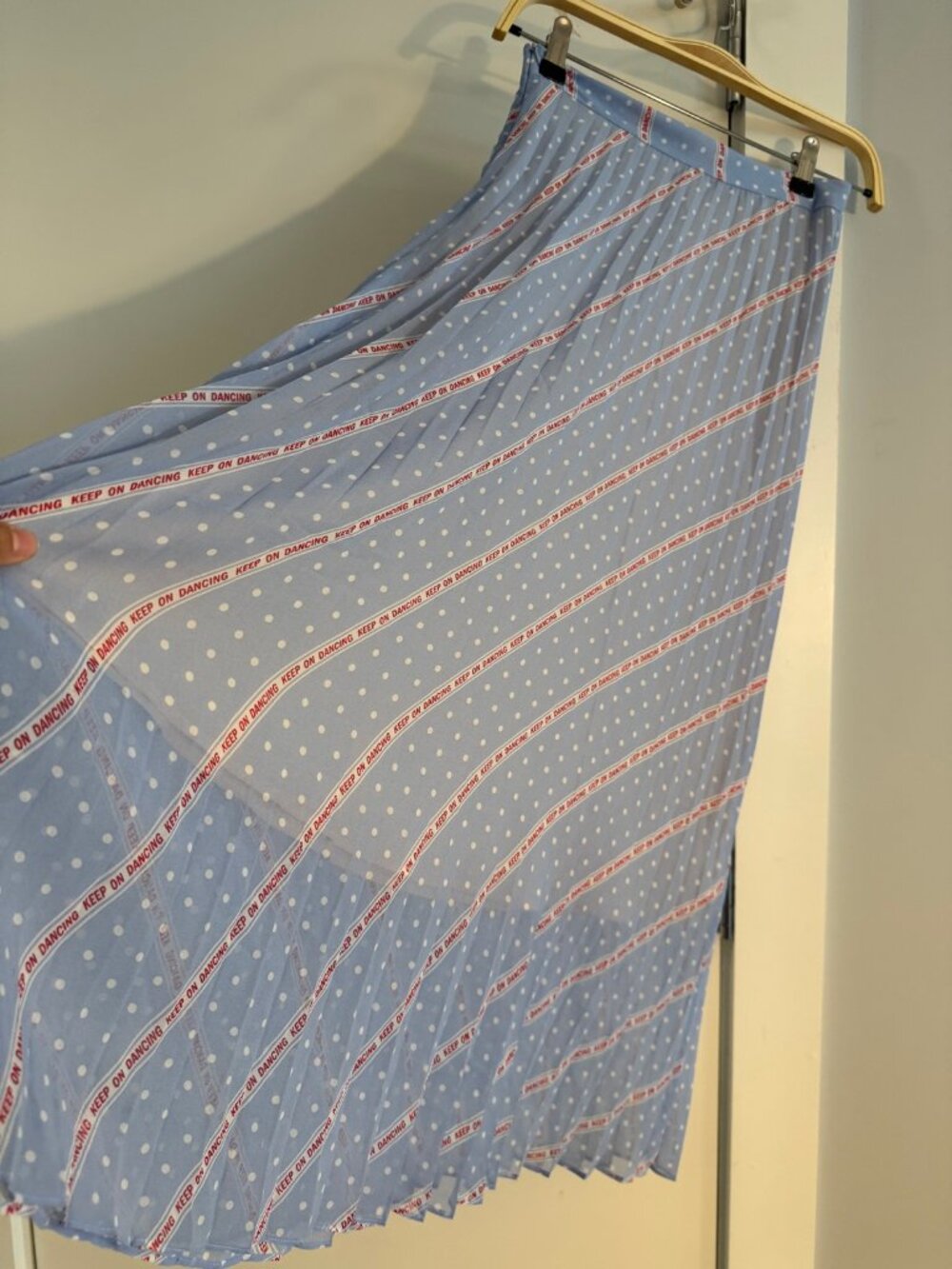 Sandro Pleated Midi Skirt Light Blue Polka Dot "Keep On Dancing" Slogan Stripes - Picture 2 of 4